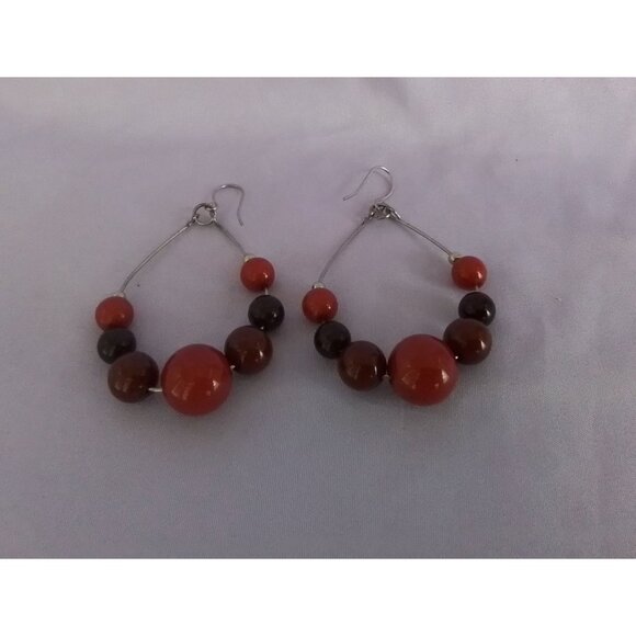 Vintage Chunky Orange & Brown Beaded Hoop Earrings - Picture 1 of 3
